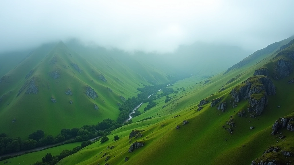 Stunning panoramic view of Carrauntoohil mountain with rolling green valleys beneath