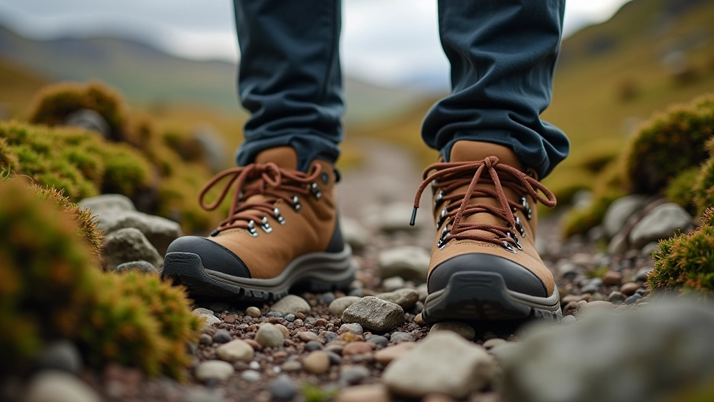 Close-up of hiking boots on rocky trail with moss