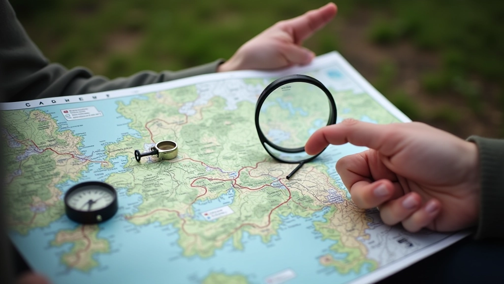 Close-up of detailed map with compass and hand pointing to specific hiking route location