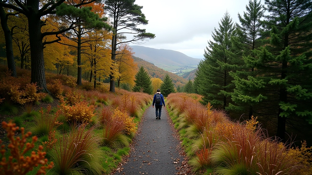 Hiking trail descending through mixed woodland with autumn colors and distant valley view