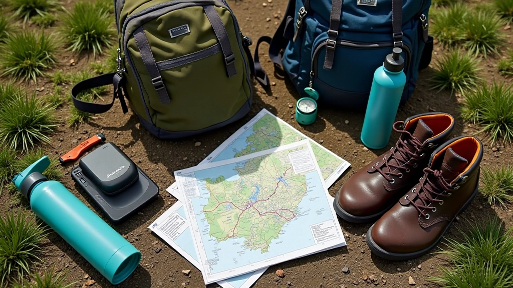 Hiking boots and outdoor gear laid out on ground with map and compass