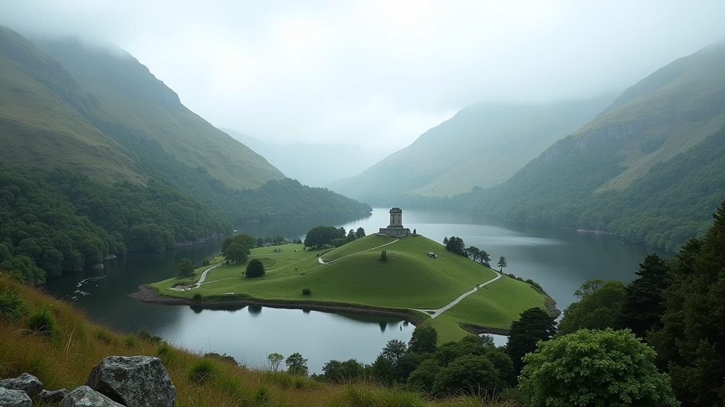 Glendalough valley with round tower and lakes surrounded by forest