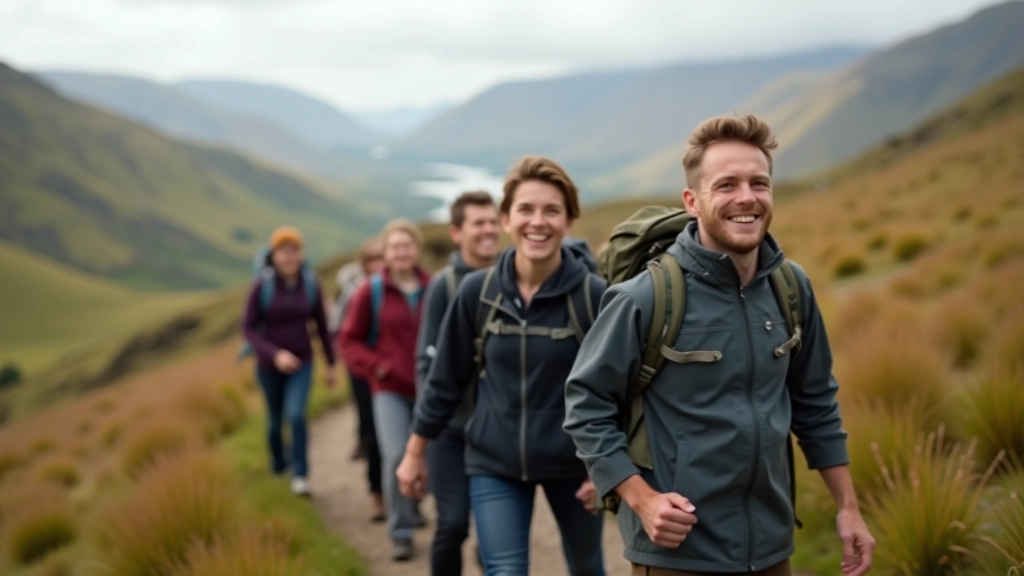 Diverse group of beginner hikers enjoying a scenic mountain trail together in Ireland