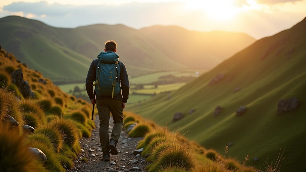 Hiker ascending rocky mountain path with green valley views