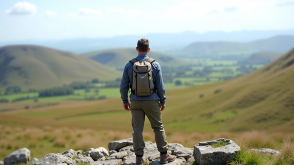 Hiker standing on limestone plateau with expansive Burren landscape stretching to distant hills under clear sky