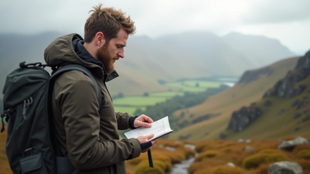 Hiker checking map in outdoor setting with backpack and hiking equipment