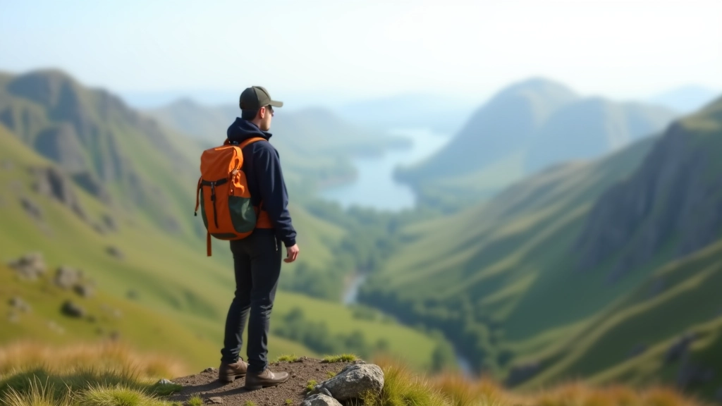 Hiker standing on mountain ridge with valley view below