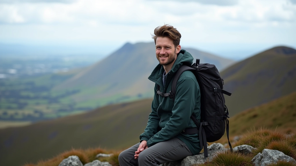 Hiker resting on mountain summit, landscape stretching far below, portrait shot from chest up