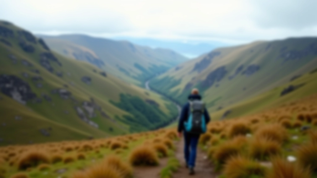 Experienced hiker enjoying views from an Irish mountain trail, standing with hiking backpack
