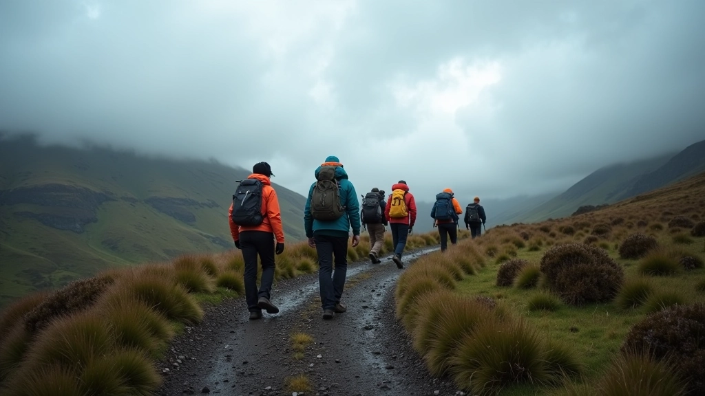 Hikers on mountain trail in deteriorating weather conditions with low visibility and approaching storm clouds