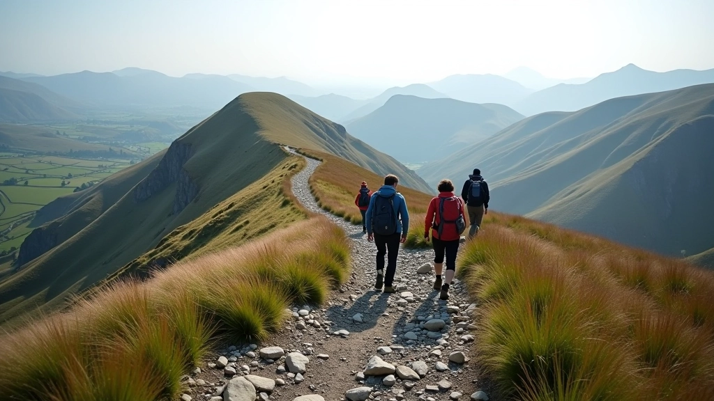Mountain trail with hikers walking on rocky path, switchback sections visible ahead