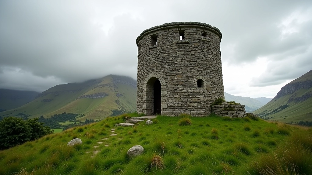 Ancient round tower of Glendalough monastery with stone walls and archways visible