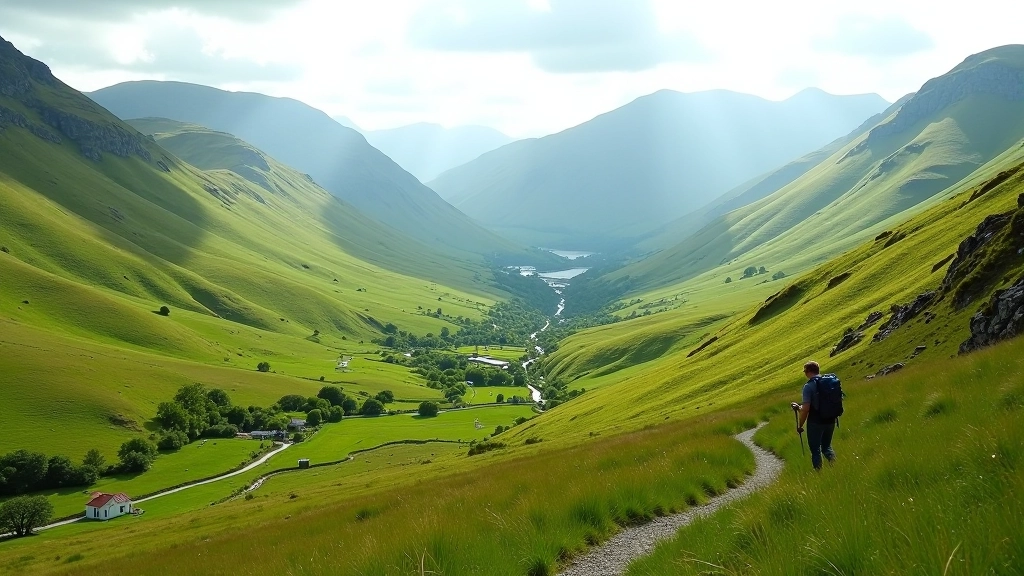 Mountain landscape in Ireland with green valleys and hiking trail