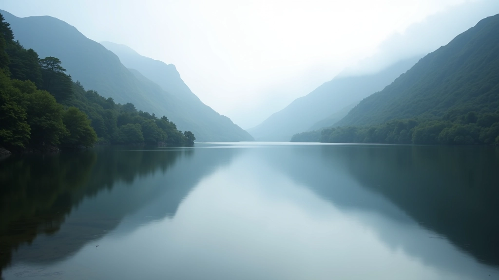 Tranquil lake reflection with surrounding mountain slopes and forest canopy