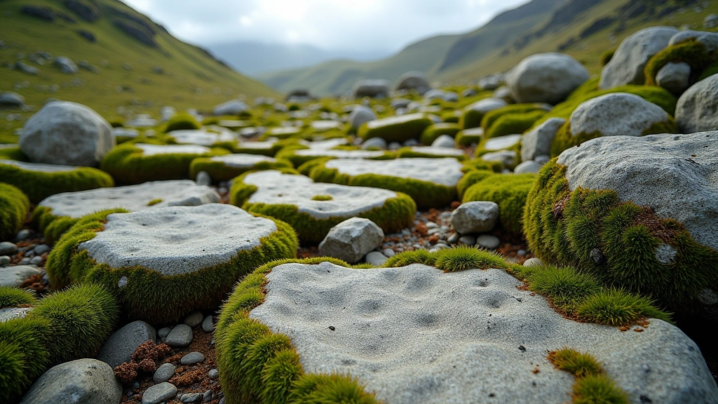 Close-up of limestone karst pavement showing grikes and clints formations with patches of green moss