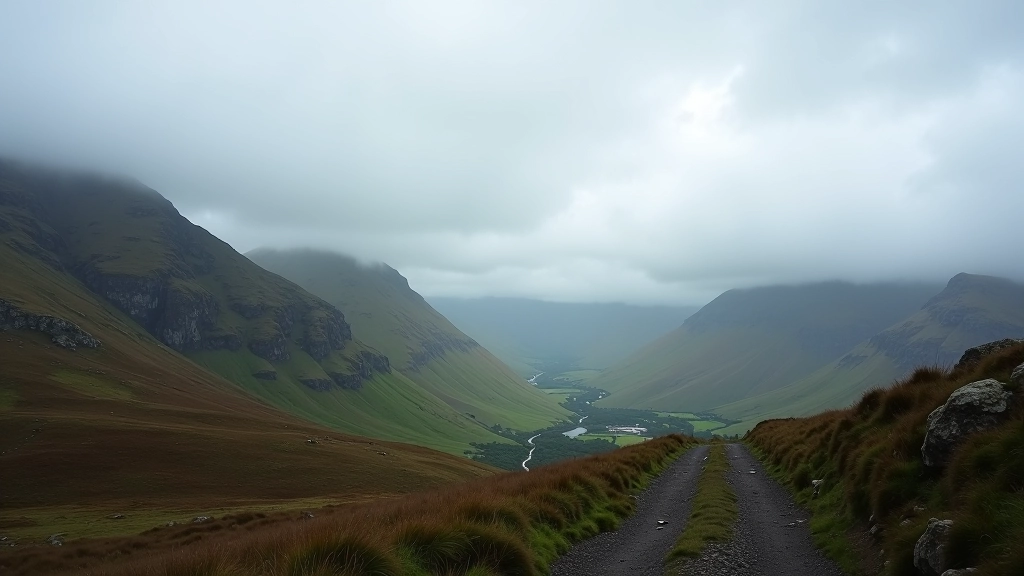 Dramatic mountain weather with low clouds and mist rolling across Irish hilltops and slopes