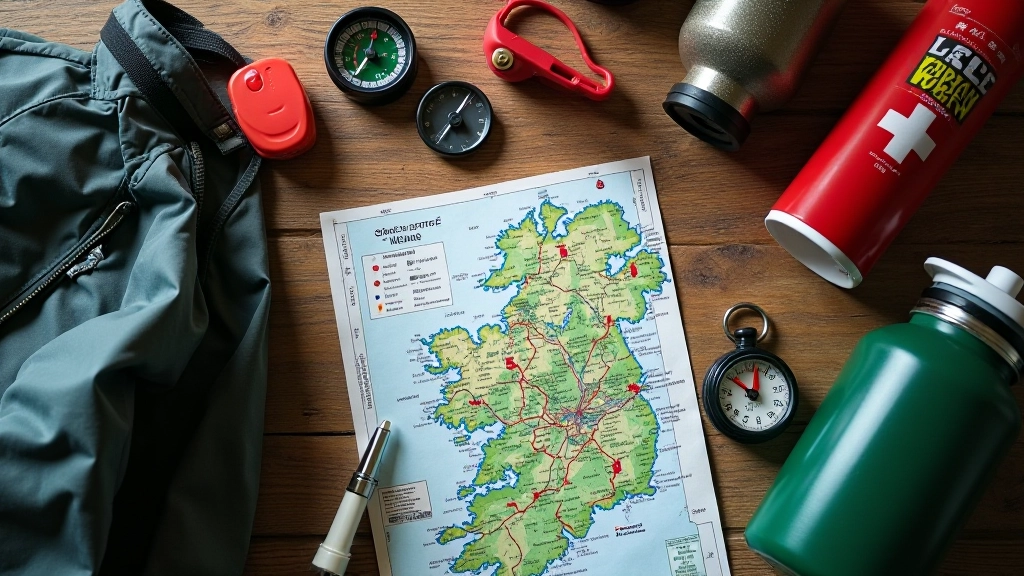 Complete hillwalking safety kit laid out including map, compass, waterproof jacket, and navigation tools