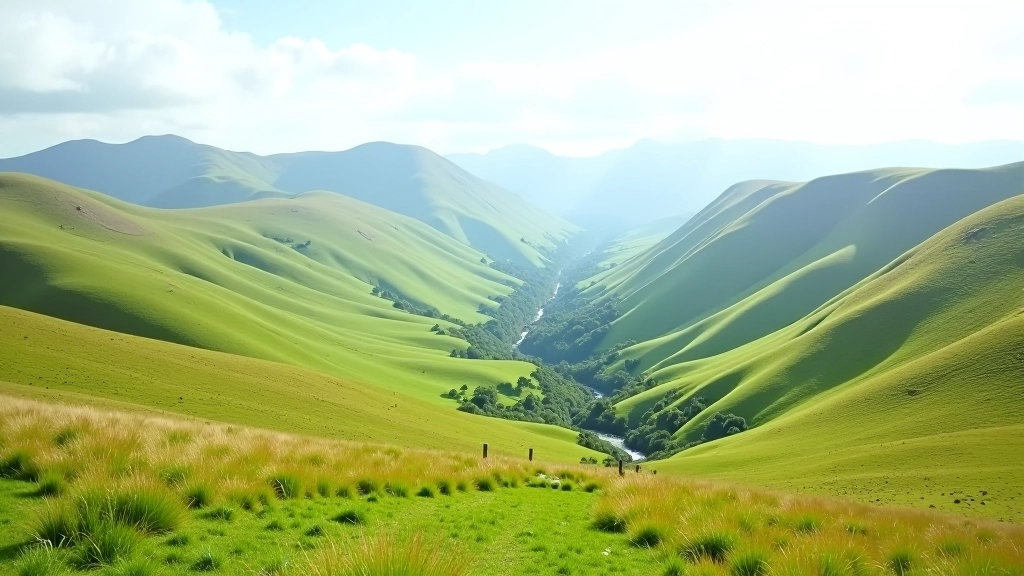 Mountain valley panorama showing green slopes and distant peaks in Irish countryside