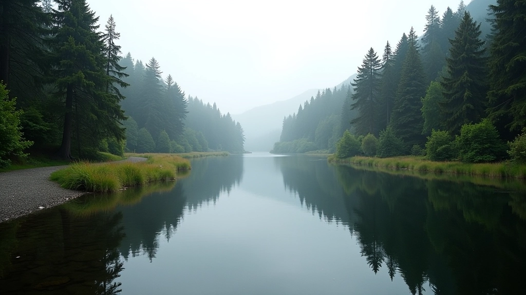 Upper lake at Glendalough surrounded by dense conifer forest with hiking path along shoreline