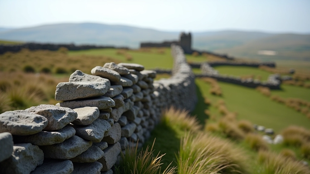 Weathered stone wall dividing limestone fields with ancient fort or archaeological structure visible in distance
