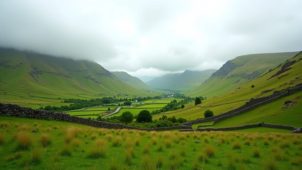 Mountain landscape with rolling green hills and stone walls
