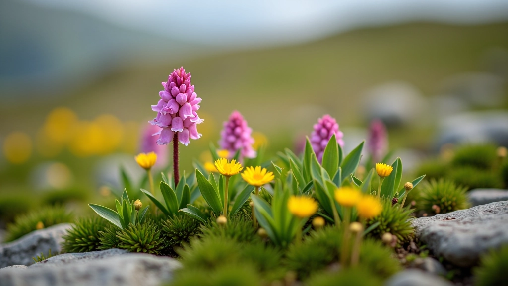 Wildflowers blooming among limestone rocks including pink orchids and yellow flowers scattered across the pavement